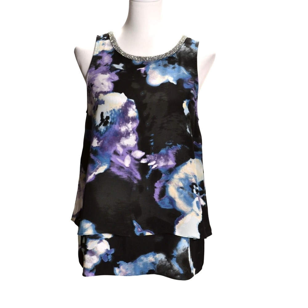 Juicy Couture Sleeveless Blouse Womens Medium Purple Blue Floral Rhinestone Tank